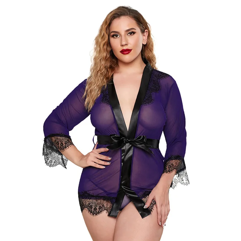 

SEBOWEL Sexy Women Sheer Lace Trim Plus Size Robe with Matching Thong Two Pieces Set Feminine Elegant Mesh Patchwork Lingeries