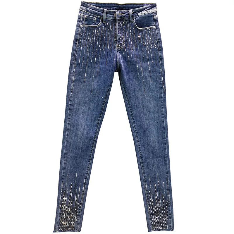 

Jeans Women's Fashion 2020 Fall New Slim Elastic High Waist Vertical Stripe Hot Drilling Jean Pencil Pants Students Pants