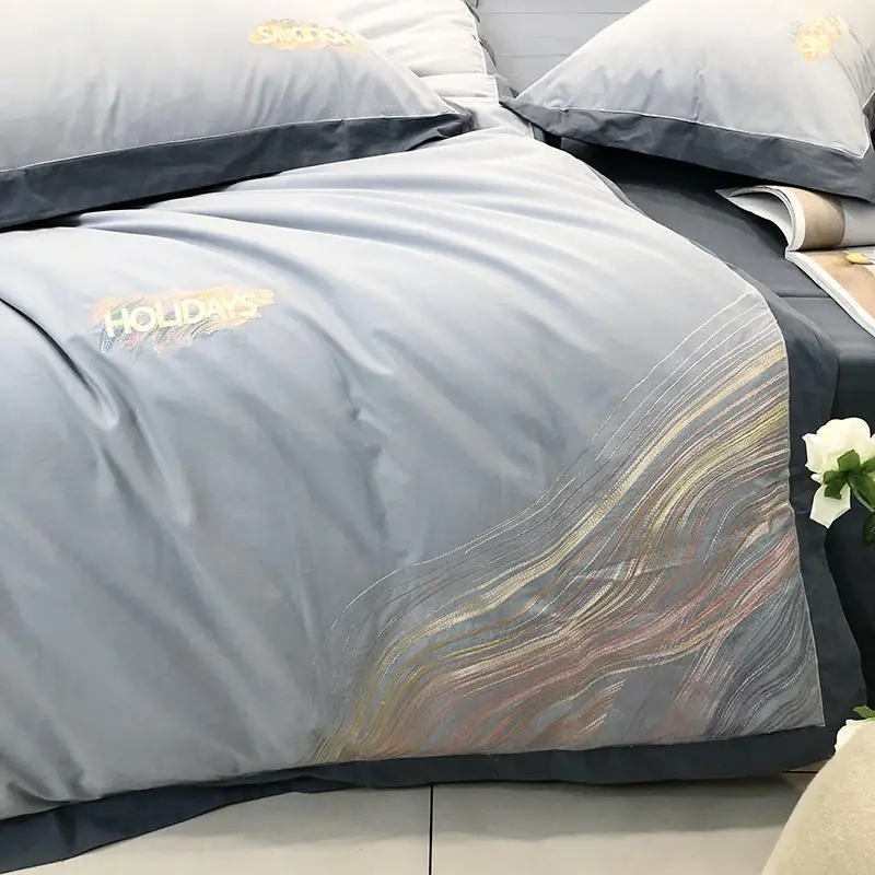 

Blue Bedding Set Sanding Embroidery Duvet cover set Long-staple cotton Pillowcases Queen King Size Bed Bed Linen 4pcs 2020 new