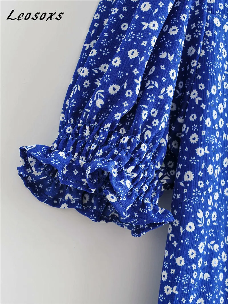 

Leosoxs vintage floral print puff sleeve women dress Split elegant holiday style thin Long dresses 2021 spring summer new
