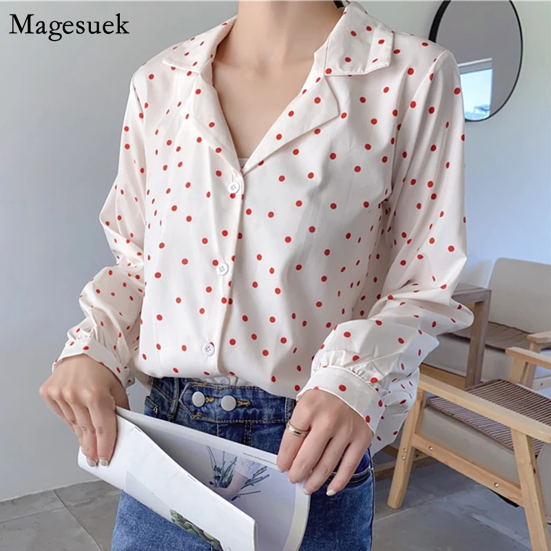 

Женская шифоновая блузка в горошек, повседневная Осенняя рубашка с длинным рукавом и V-образным вырезом, кардиган на пуговицах, 10965