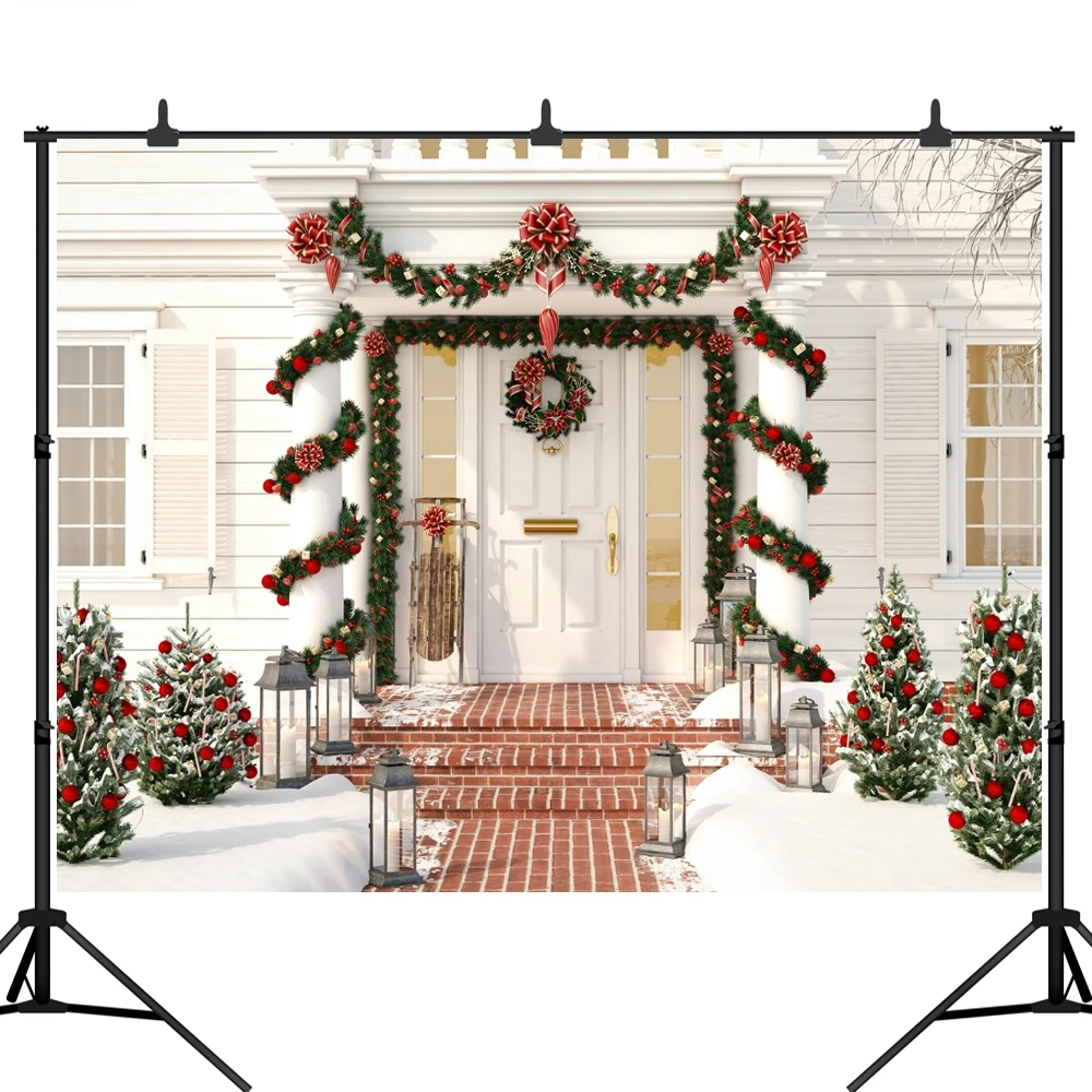 Рождественский фон для фотосъемки с изображением крыльцо двери венок снег