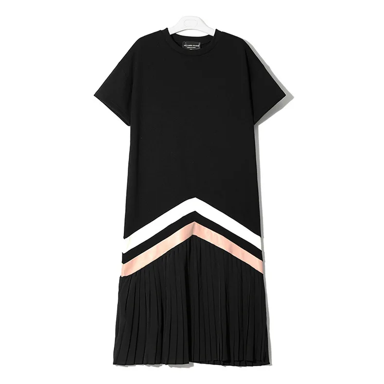 [EAM] New Spring Summer Round Neck Short Sleeve Black Striped Stitch Hem Pleated Big Size Dress Women Fashion Tide JL961 - Цвет: black