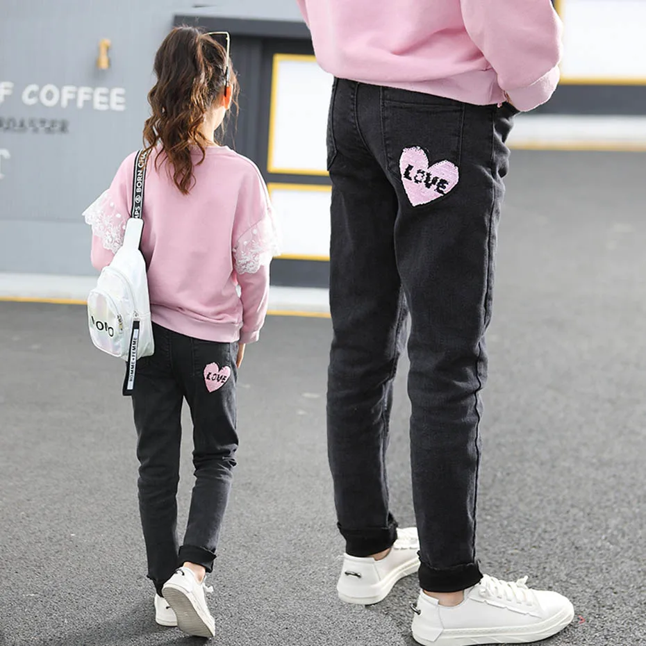 Джинсы с сердечками для девочек повседневные стильные детские джинсы 6 8 10 12 лет