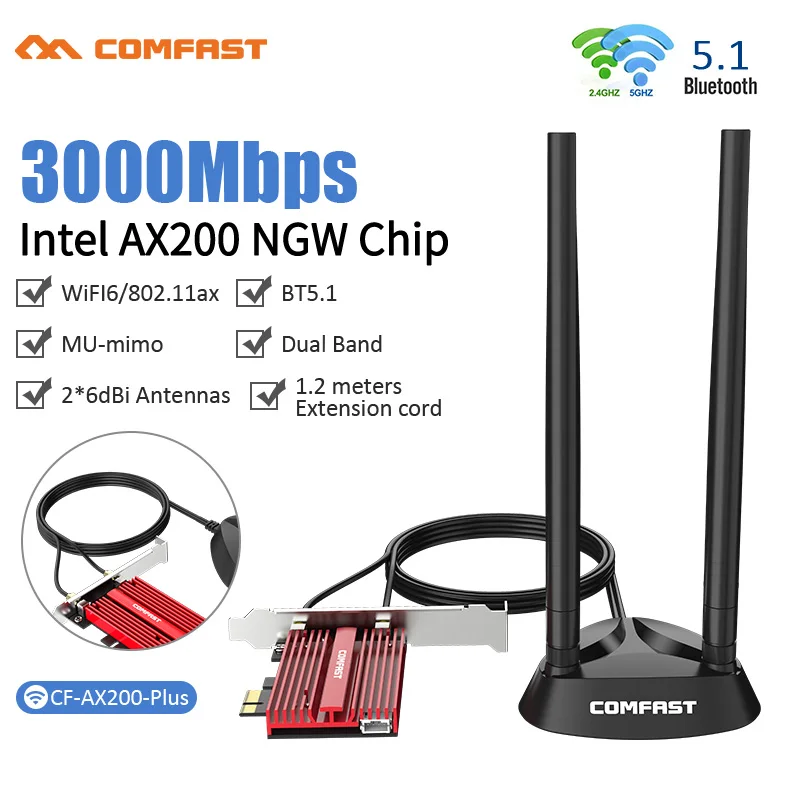 Comfast 3000 Мбит/с WiFi 6 PCI Express Bluetooth 5 1 адаптер двухдиапазонный 2 4G/5GHz 802.11AC/AX Intel AX200 PCIe