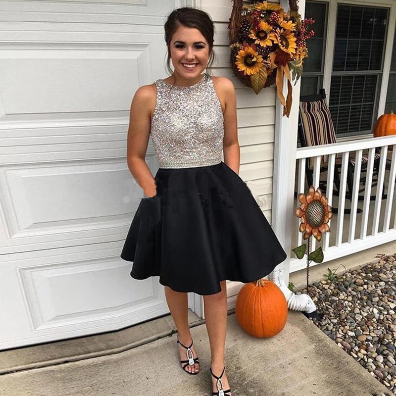 

Sparkle Black A-line Short Homecoming Dresses Top Sequins Keyhole Back With Pocket Christmas Skirts платья на выпускной короткие