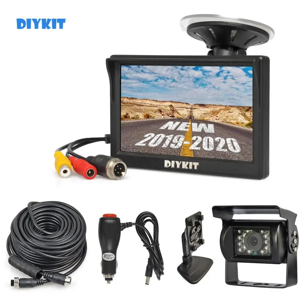 DIYKIT 5" DC12V-24V 4PIN Reverse Rear View Car Monitor Waterproof CCD Night Vision Backup Bus Truck Camera Car Charger