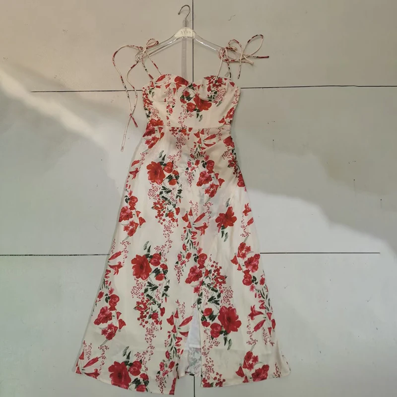 

VGH Print Floral Sling Dress For Women Square Collar Sleeveless High Waist Side Split Vintage Midi Dresses Female Summer Fashion