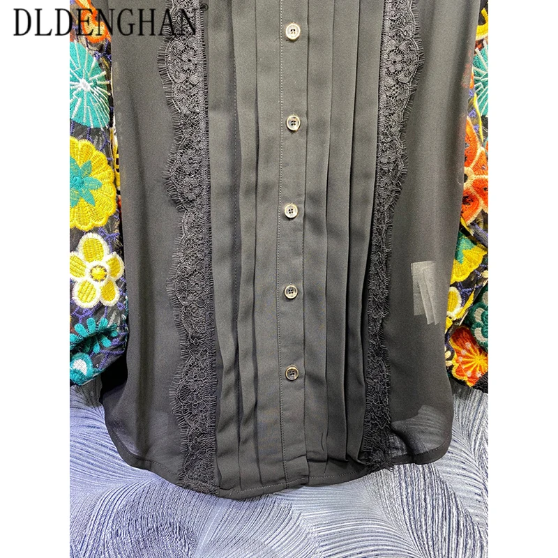 

DLDENGHAN Fashion Floral Embroidery Blouses Women's Turn-Down Collar Puff Sleeve Single-Breasted Shirt Tops Designer Spring New