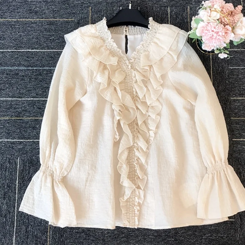 

Elegant Wooden Ear Patchwork Ol Loose Blouse Women Work Style Ol Solid Blusas Spring 2021 New Ruffles Shirt Feminino All Match