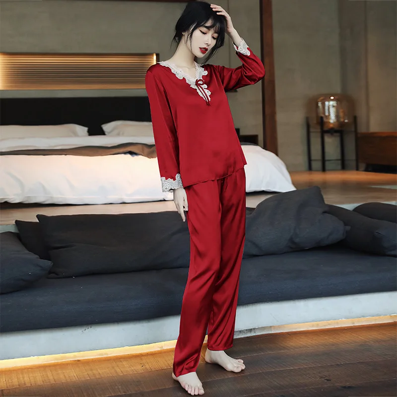 

Spring Summer Women Pajamas Set Casual Loose Sleepwear Bathrobe Sexy Long Sleeve Pijamas Suit 2pcs Shirt&pant Silky Home Wear