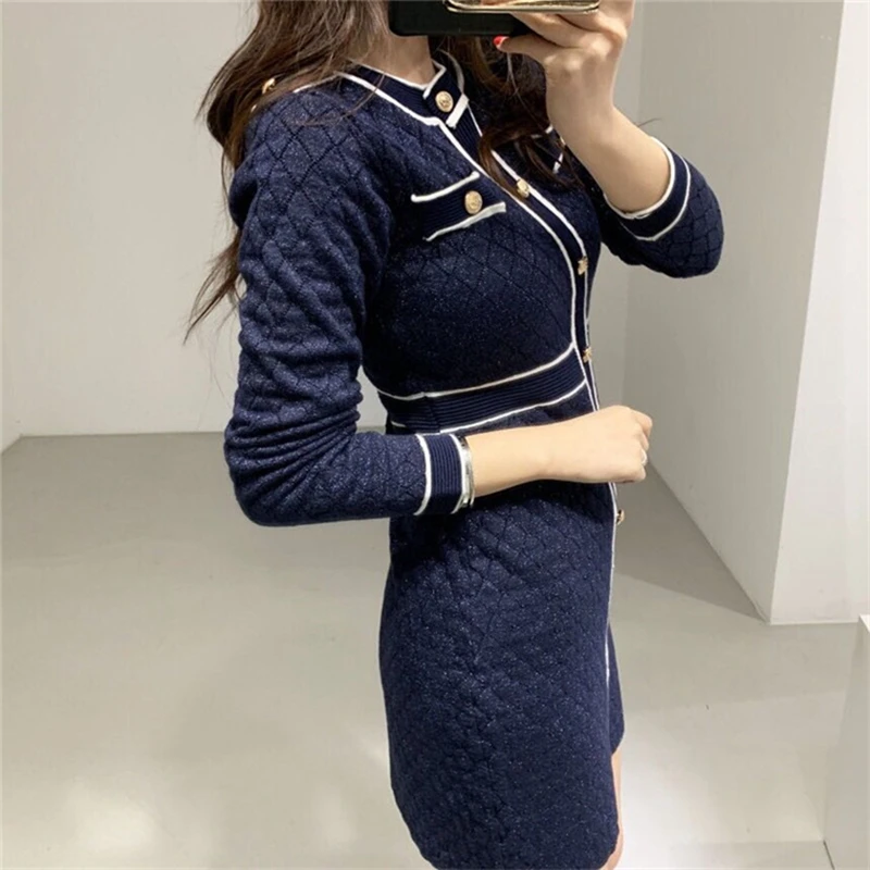 Женское трикотажное платье-свитер с круглым вырезом и длинным рукавом - купить по