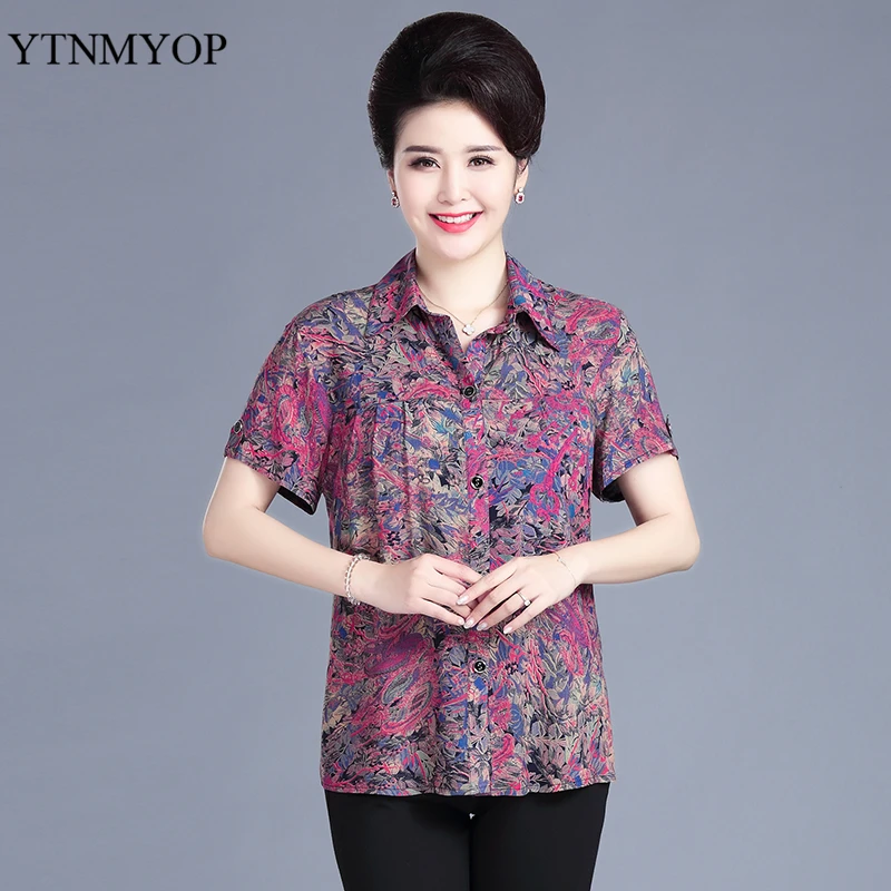 Women Summer Blouse Rayon Print Short Sleeve Shirt Silk Imitation Lady Blouse Loose Soft Tops For Mother YTNMYOP