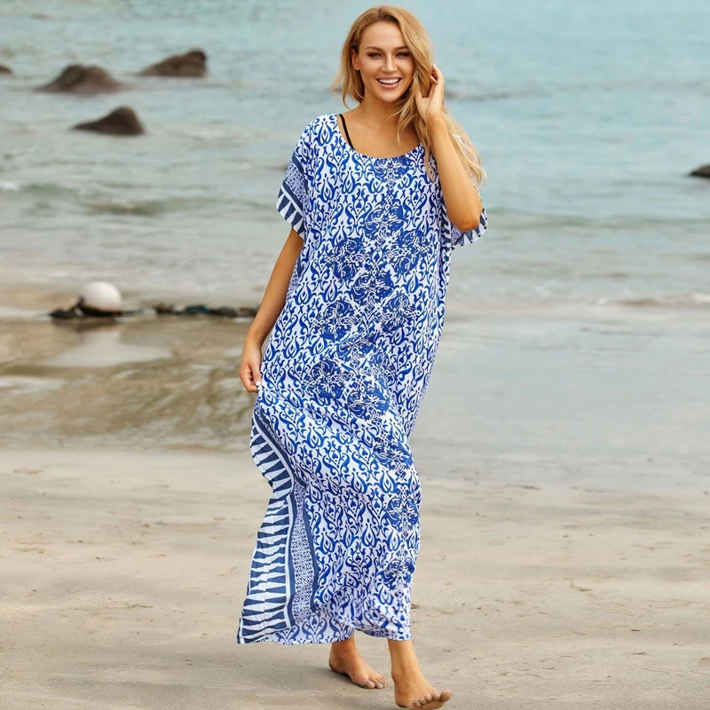 Платье-Кафтан длиной до пола цвета индиго этническое платье макси Пляжная