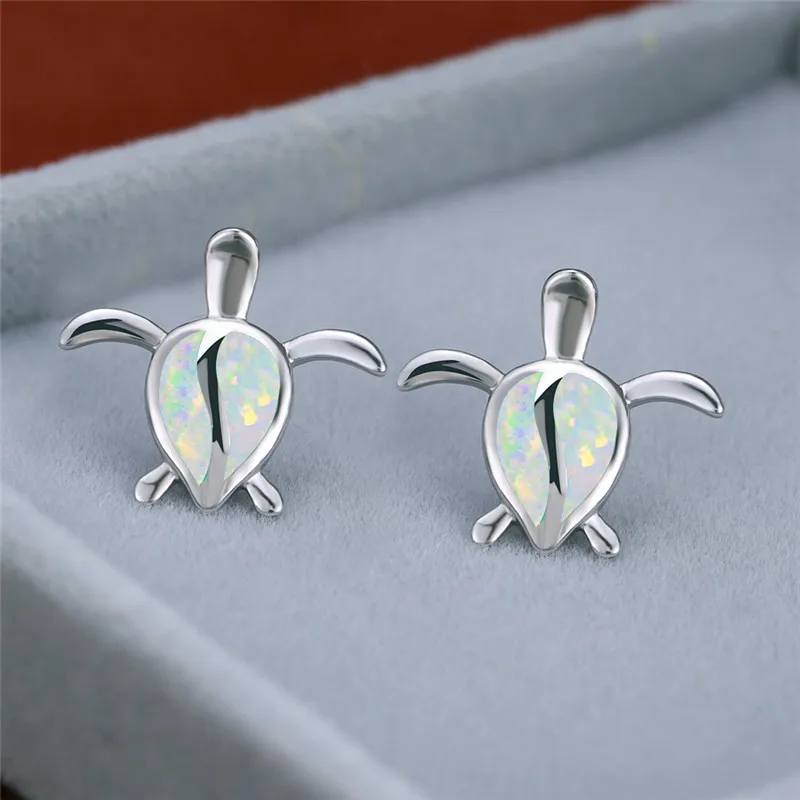 Cute Female Small Turtle Animal Stud Earrings Rose Gold Color Wedding Elegant White Blue Opal For Women | Украшения и аксессуары