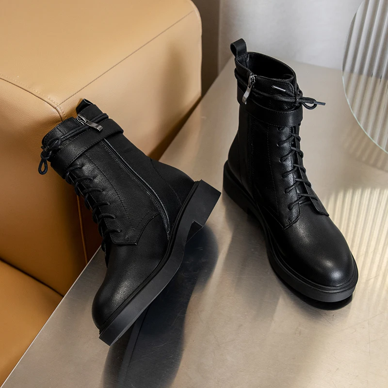 

Women's genuine leather lace-up flats ankle boots metal buckle side zip casual motorcycle short martin boots autumn shoes women