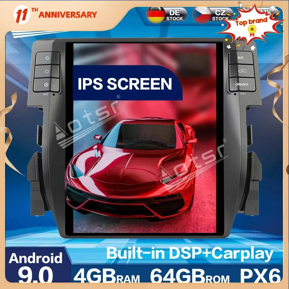

Aotsr вертикальный экран Tesla Style PX6 Android 9,0 ОЗУ 4 Гб CARPLAY Автомагнитола для Honda Civic 2016 - 2019 Автомобильный GPS-навигатор