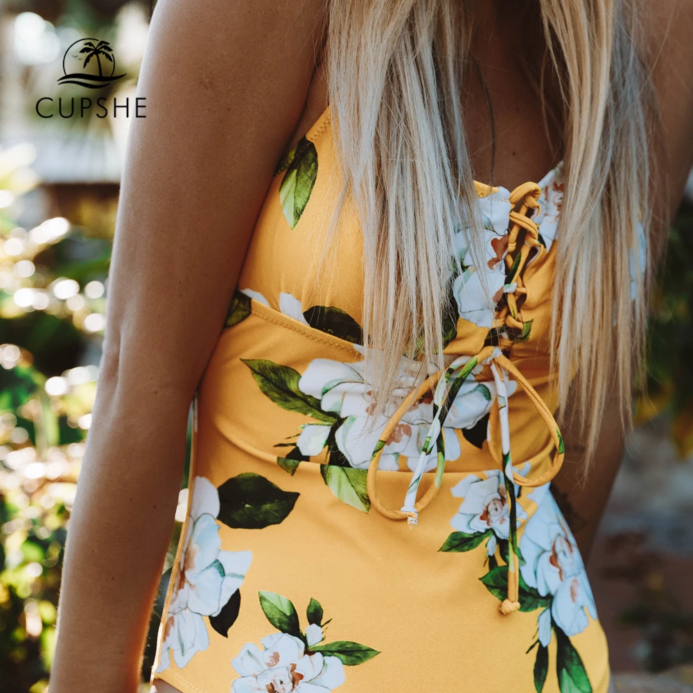 CUPSHE/желтый цельный купальник с цветочным принтом Женский Регулируемый Монокини