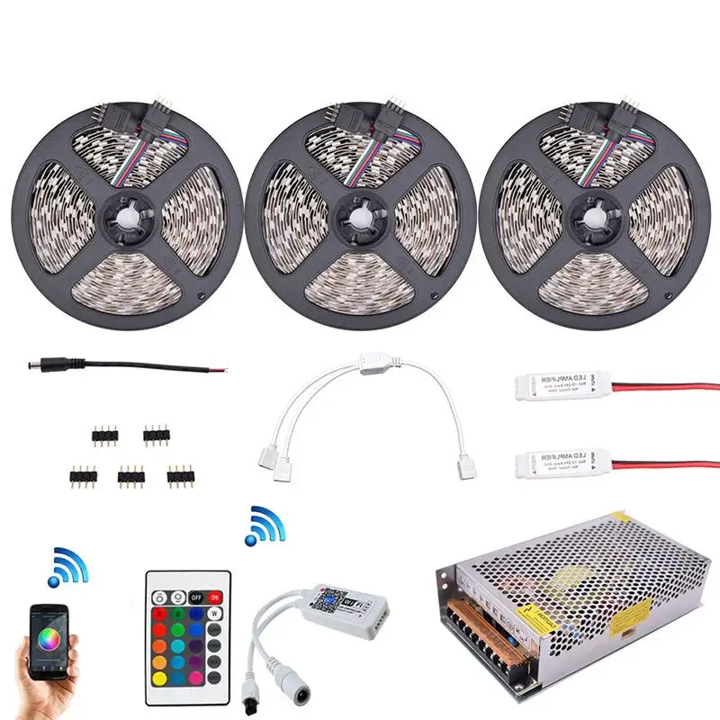

15 Meters SMD 5050 900 LEDs RGB LED Strip Kit Flexible Diode Tape Light With 2.4G RF Remote Wifi APP Control DC12V Power UK Plug