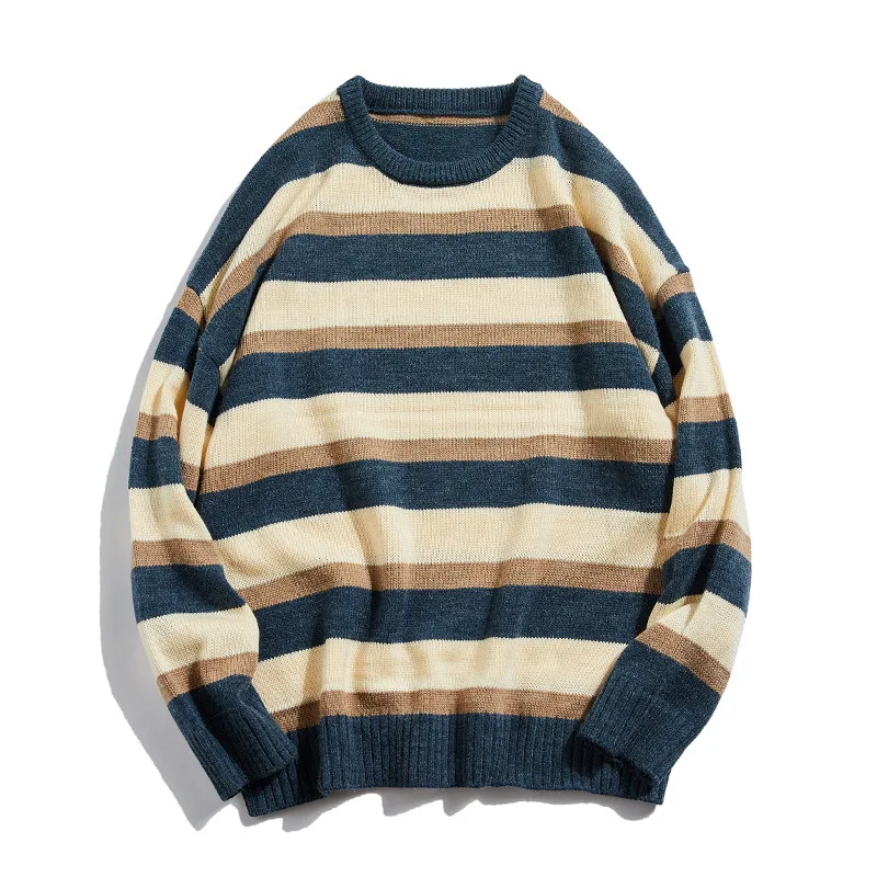 

Новинка 2022, мужской свитер в полоску на осень и зиму, свитер в японском ретро-стиле для подростков с круглым вырезом