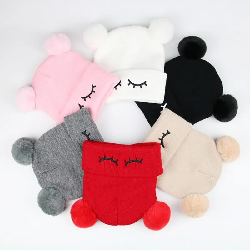 Winter Children's Cap Headgear Eyelash Embroidery Imitation Fox Fur Double Ball Knitted Wool White red Black Gray 0-7T | Детская