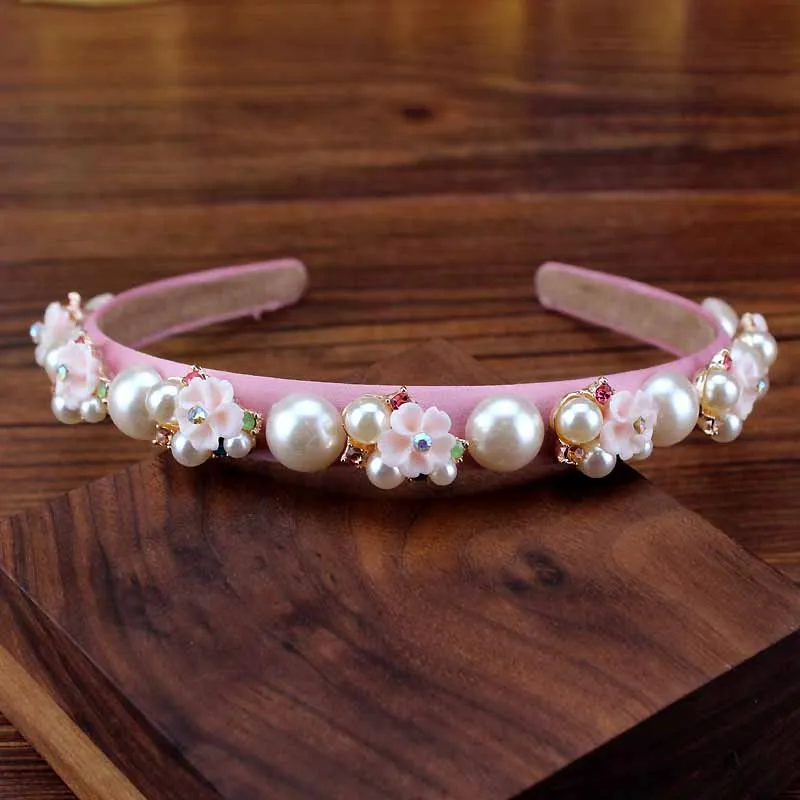 pearl headband Широкая винтажная Роскошная розовая кристальная тиара в стиле барокко, королевская повязка на голову, блестящие стразы, повязка для волос для женщин, свадебные аксессуары для волос - Окраска металла: pearl headband