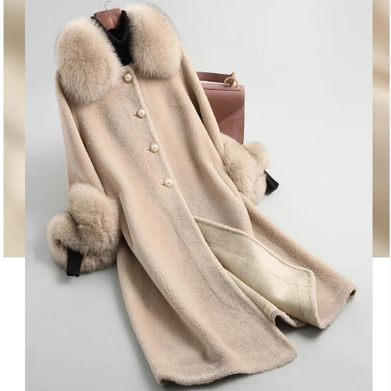 Женское зимнее меховое пальто теплая шерстяная куртка с воротником из