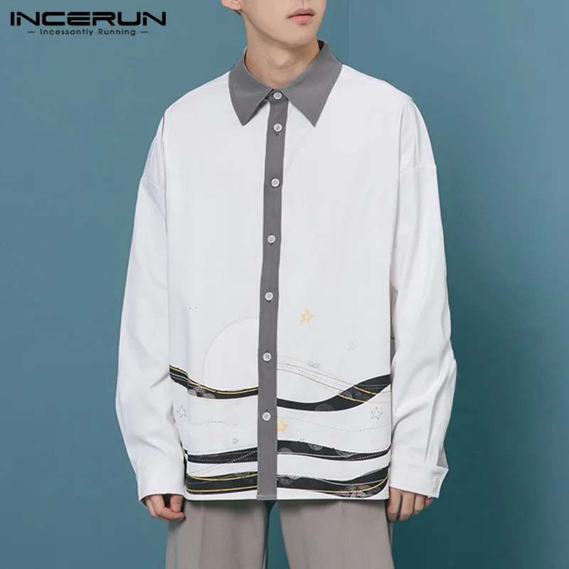 

Рубашка INCERUN мужская с отложным воротником, Повседневная Уличная одежда в стиле пэчворк, с длинным рукавом, на пуговицах, повседневная Корей...