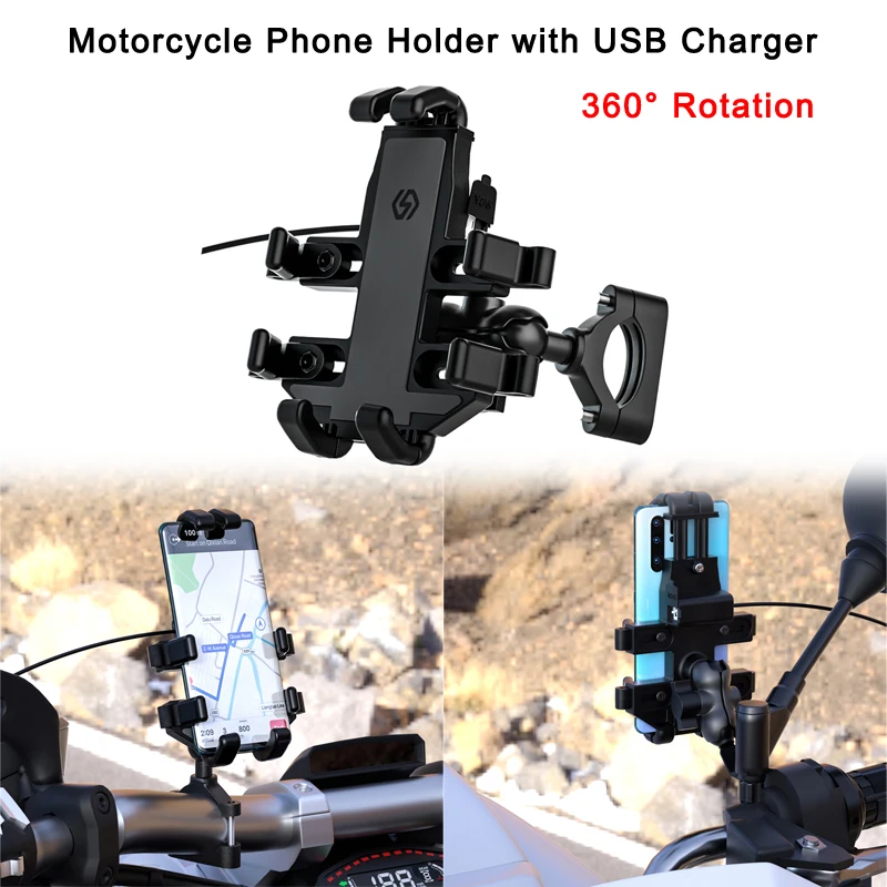 

Motorcycle Phone Holder with USB Charger 5V 2A 360° Rotate General Bicycle Mobile Phone Holder Handlebar Mount Stand USB Charger