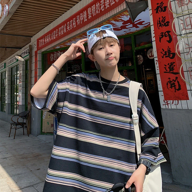 Футболка мужская с коротким рукавом свободная брендовая тенниска в полоску