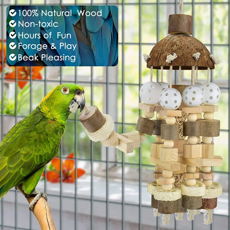 

New Bird Parrot Toy Large Parrot Toy Natural Wooden Blocks Cute Bird Chewing Toy Parrot Cage Bite Toy Suits for Macaws Parrots