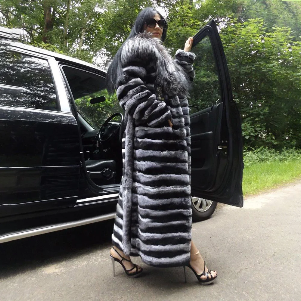 130cm X-long Natural Rex Rabbit Fur Coat With Silver Fox Fur Trim of Hood High Quality Women Winter Genuine Rabbit Fur Coat 2022