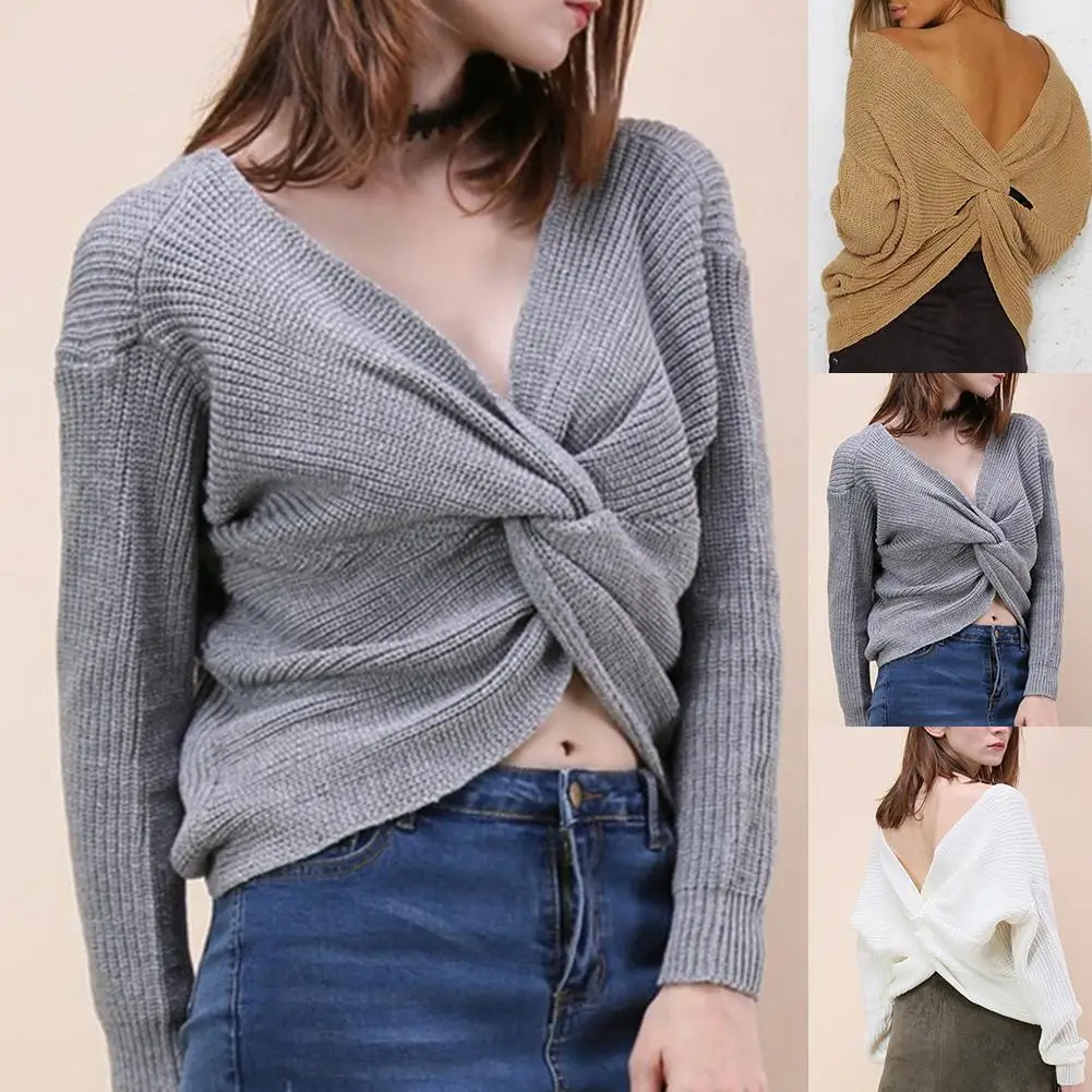 Autumn Winter Women Sweaters Twisted Backless Jumpers Solid Color Slim V Neck Sweater Jumper | Женская одежда