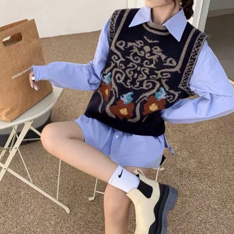 Женский жаккардовый свитер без рукавов красный вязаный джемпер в Корейском