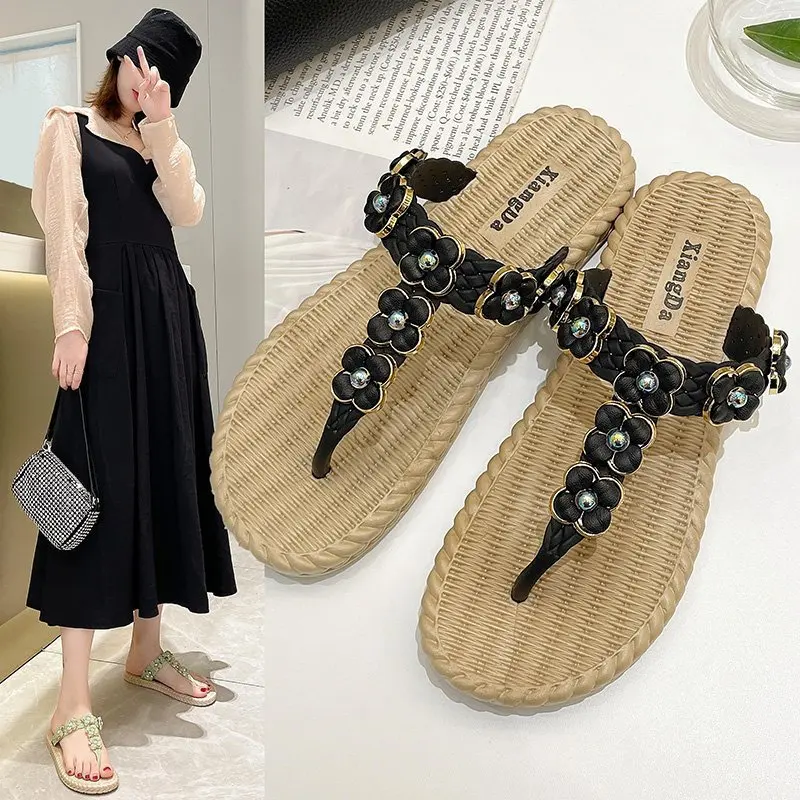 

Женские сандалии, Новинка лета 2021, шлепанцы с носком, стразы, украшенные бисером, на плоской подошве, сказочные пляжные туфли
