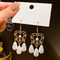 wholesale silver plated retro court love heart earrings women long baroque pearl dropshipping jewelry fashion