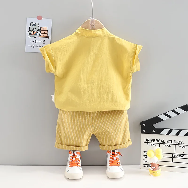 

New Baby Boys Fashion Casual Clothes Sets Summer Toddler Girls Cute Pocket Cartoon Shirt+stripe Shorts Infant Kid Clothing Suits