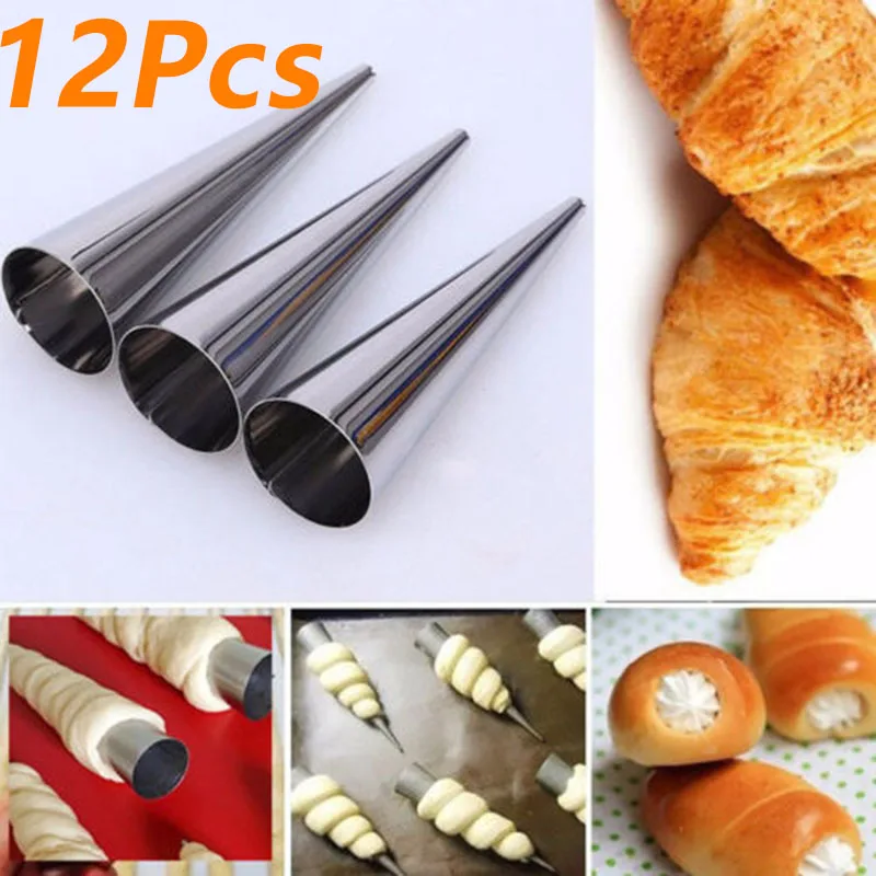 

12pcs Non-Stick Cannoli Form Tubes Cream Croissant Horn Bread Mold Baking Tool Stainless Steel Anti-rust Baking Accessories
