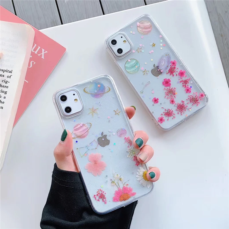 Розовый звездное небо Цветы Чехол с блестками для iphone 11 11Pro Max 8 7 Plus 6S X XS XR Сияющая