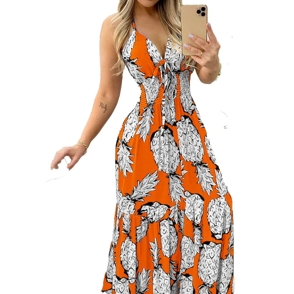 

2021 Summer Halter V Neck High Wasit Ankle Length Woman Dress New Fashion Casual Plant Print Patchwork Lace Up Women Dresses
