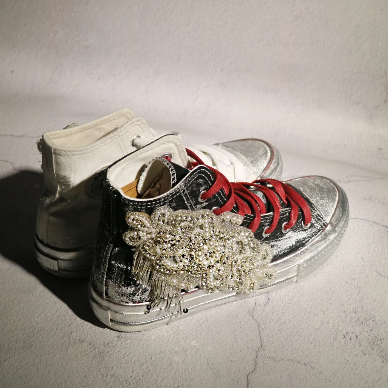 

Spring new tide brand exclusive custom rhinestone tassel flat top canvas shoes