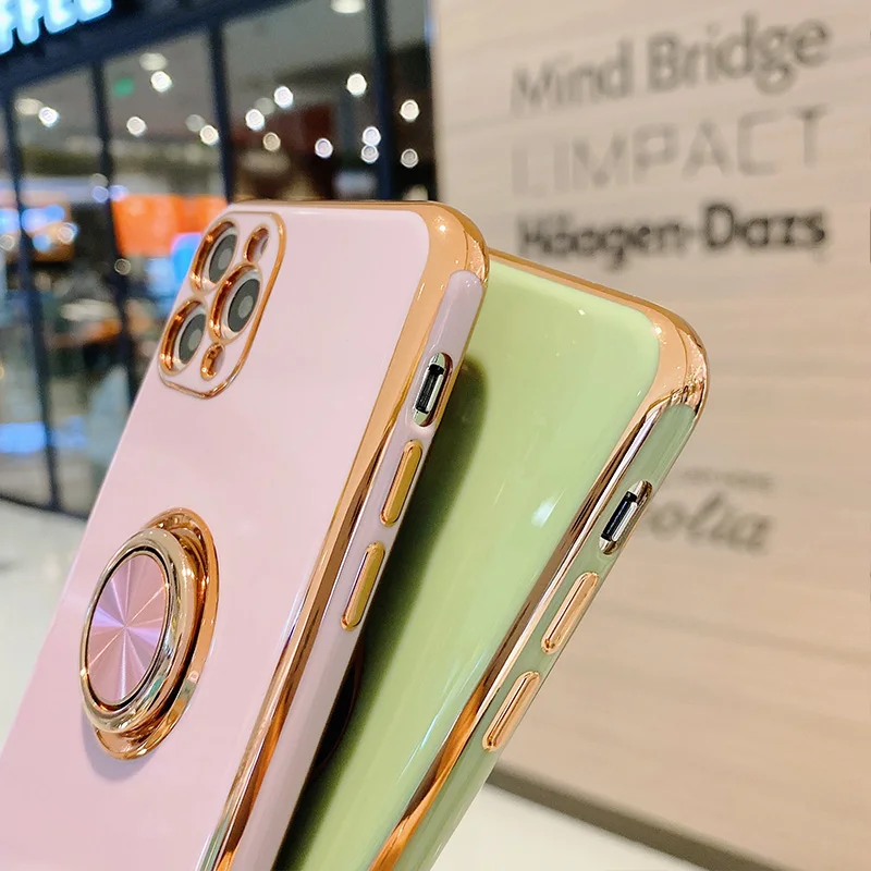 

Luxury Ring Holder Plated Case For iPhone 11 7 8 Plus Gold Grip Metal Phone Stand Cover for iPhone 12 Pro Max XS XR SE 2020 X
