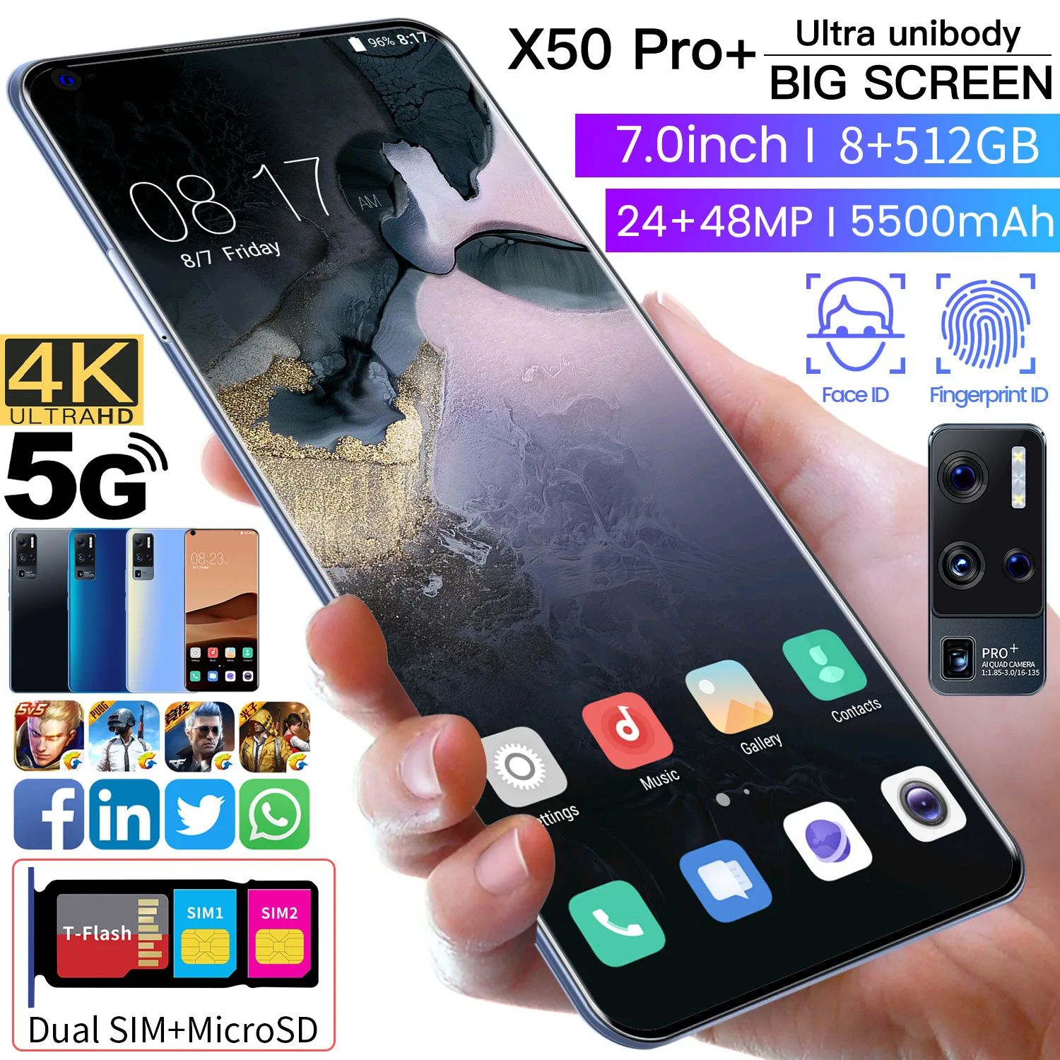 Vivo-tel&eacute;fono inteligente X50 Pro, 5G, 12 + 2021 GB, desbloqueo de huellas dactilares, reconocimiento facial, para Huawei, Xiaomi, Sansung, 512-2