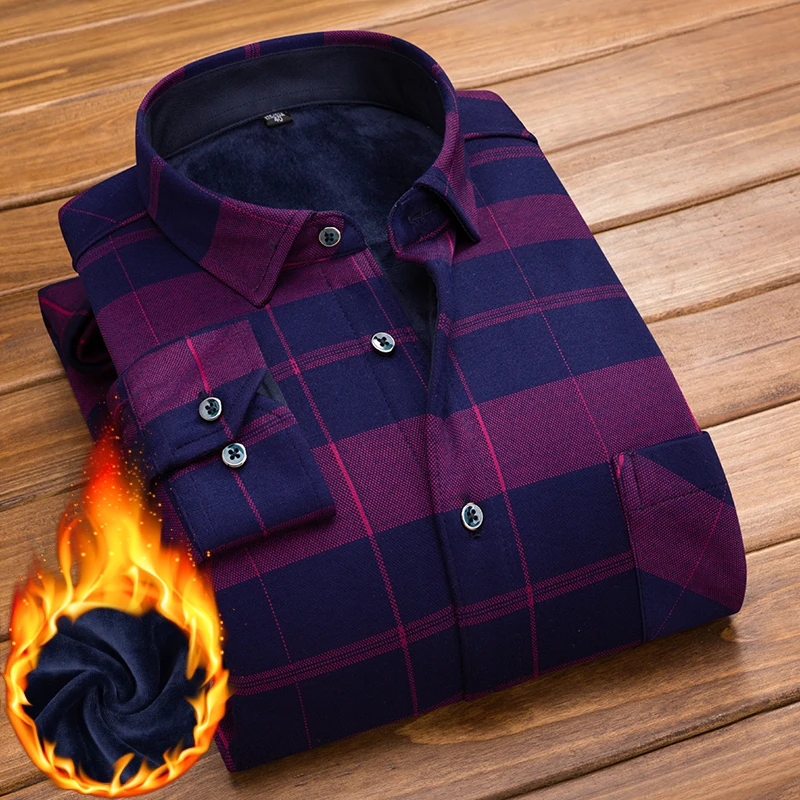 

2021 Winter Men's Slim Fit Men Long Sleeve Thick Plaid Shirts Men dress Mens Casual Fleece Shirts