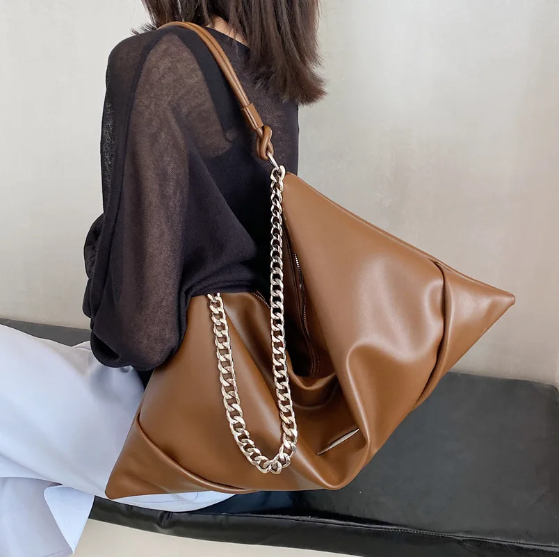 

Women hobos Shoulder Bags Large Capacity chain design ladies handbag Soft PU Leather Female Crossbody Bag Casual big Tote brown