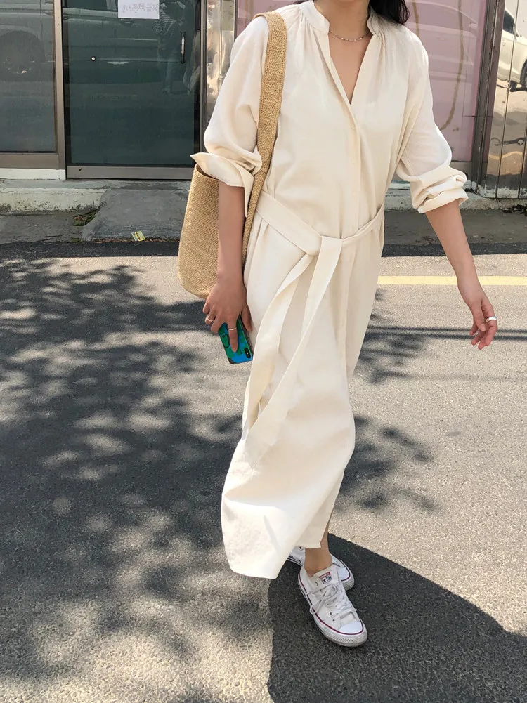 

Casual Solid Midi Wrap Women Shirt Dress Lace Up High Waist Long Sleeve Female Retro Korean Style Vestido Mujer Dresses 2021