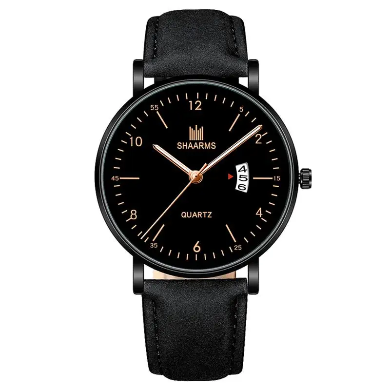 Модные мужские наручные часы с черным кожаным ремешком из нержавеющей стали