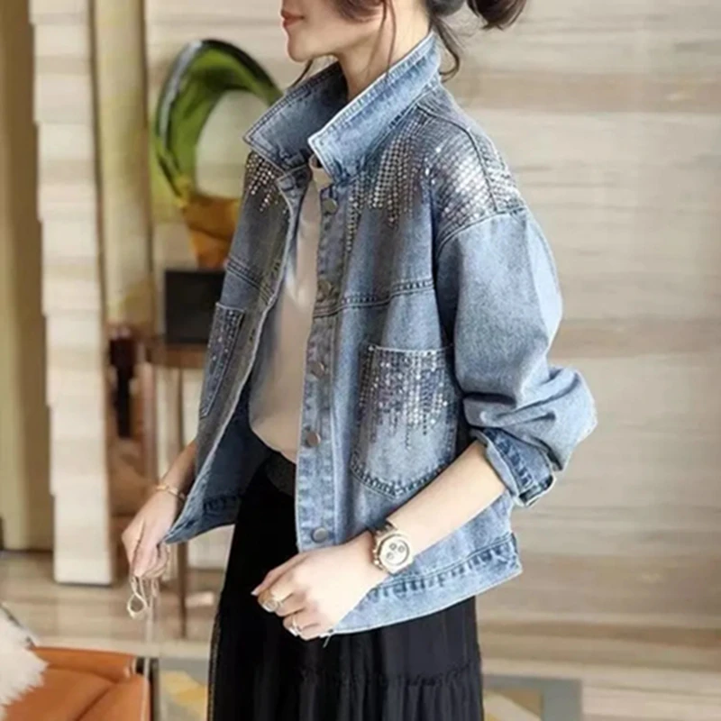 

Женская короткая куртка с блестками, однобортная свободная голубая ковбойская куртка с лацканами, модель 2021 в Корейском стиле