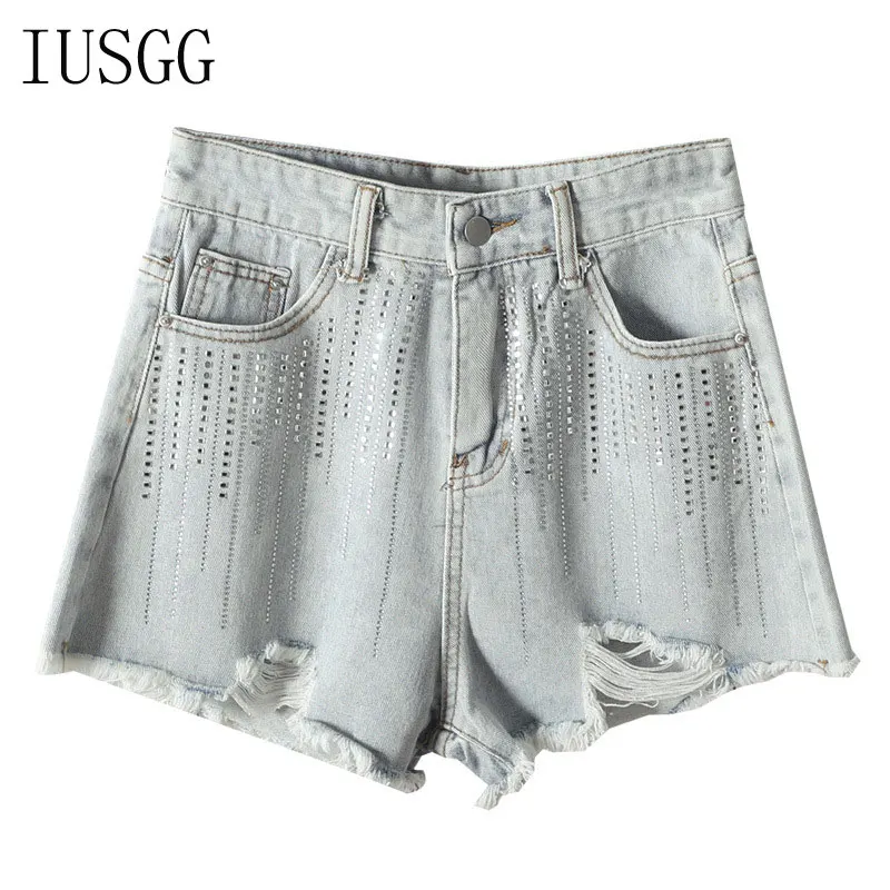 

Новинка 2021, стильные женские джинсовые шорты с высокой талией, рваный светильник, синие штаны с широкими штанинами, повседневные женские шт...