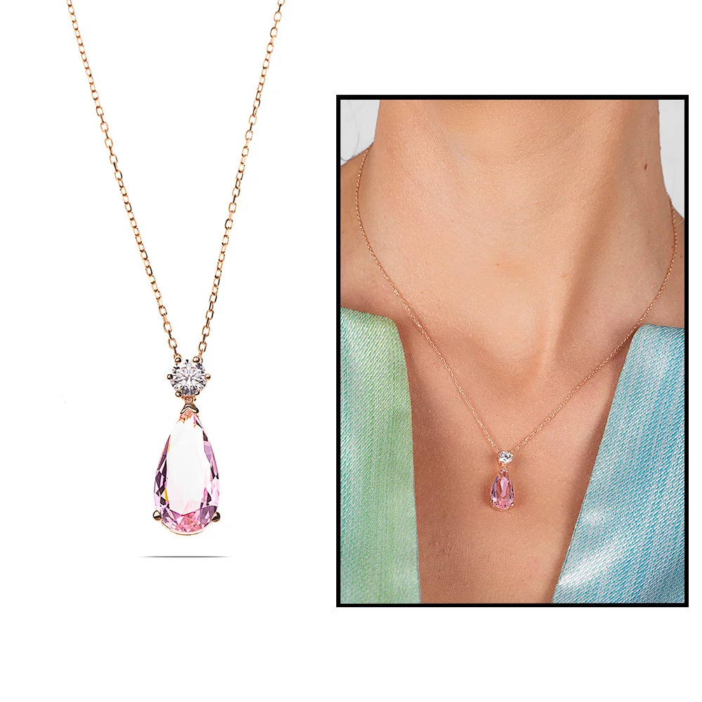 

Silver Pink Cubic Zirconia Drop Necklace